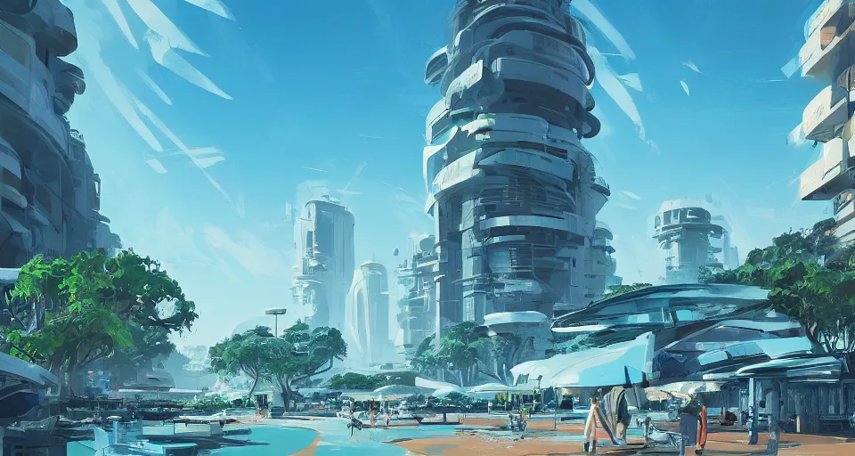 Image similar to sleek futuristic city on a coastline surrounded by greenery, blue sky, turquoise water, white sand, syd mead, alena aenami, artstation, digital painting, concept art, expansive