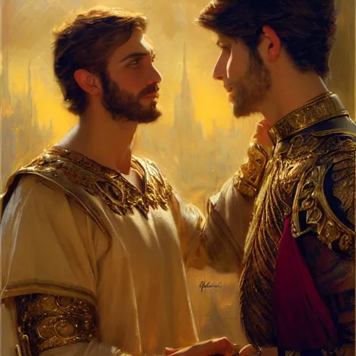 Image similar to attractive fully clothed king confesses his love for his attractive fully clothed male prince. highly detailed painting by gaston bussiere, craig mullins, j. c. leyendecker 8 k