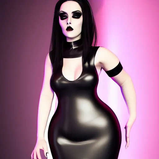 Image similar to a feminine curvy pale hot goth sweetie wearing a modest tight dark pearl-like latex-nylon high-neck dress, dark eyeshadow, eyelashes, cgsociety, photorealistic, sublime-hyperadvanced-amorous ambience, 16k, smooth, sharp focus, trending on ArtStation, volumetric lighting, fully clothed, thin waist