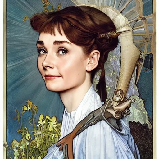 Prompt: realistic detailed face portrait of 14-year old Audrey Hepburn as Joan of Arc with open mouth and anxious eyes by Alphonse Mucha, Ayami Kojima, Amano, Charlie Bowater, Karol Bak, Greg Hildebrandt, Jean Delville, and Mark Brooks, Art Nouveau, Neo-Gothic, gothic, rich deep colors