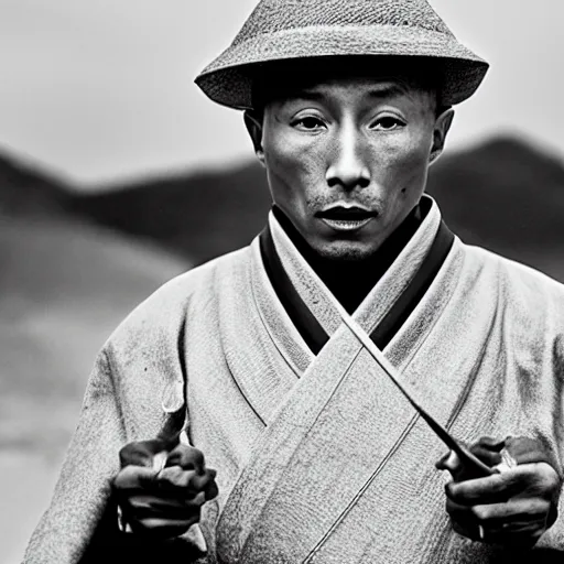 Image similar to cinematic film still Pharrell Williams starring as a Samurai holding fire, Japanese CGI, VFX, 2003, 40mm lens, shallow depth of field,film photography