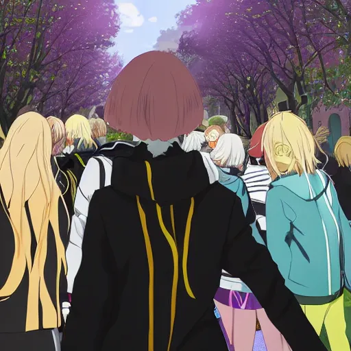 Image similar to blonde - haired princess, anime princess, wearing black jacket and white leggings, looking through crowd, town street, festival street, trees, green trees, blue lighting, blue sunshine, strong lighting, strong shadows, vivid hues, ultra - realistic, sharp details, subsurface scattering, intricate details, hd anime, 2 0 1 9 anime