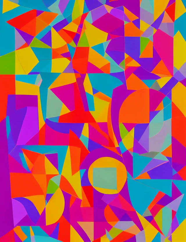 Image similar to a abstract bright color painting with geometrical shapes, symmetry in the style of farid alam