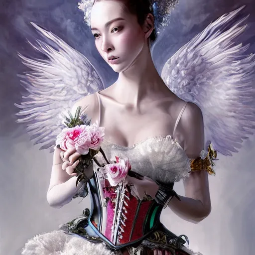 Prompt: A masterpiece ultrarealistic ultradetailed portrait of a Incredibly beautiful angel armored princess knight IN INCREDIBLE FEARFUL sharp poisoned GAS MASK WITH FLOWERS and swarovski crystals. baroque renaissance. in the forest. White amazing corset. medium shot, intricate, elegant, highly detailed. trending on artstation, digital art, by Stanley Artgerm Lau, WLOP, Rossdraws, James Jean, Andrei Riabovitchev, Marc Simonetti, Yoshitaka Amano. background by James Jean and Gustav Klimt, light by Julie Bell, 4k, porcelain skin. BY ZDIZISLAW BEKSINSKI Cinematic concept art