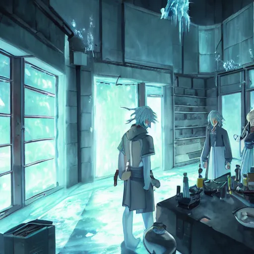 Prompt: interior of the frozen meth lab, anime fantasy illustration by tomoyuki yamasaki, kyoto studio, madhouse, ufotable, square enix, cinematic lighting, trending on artstation