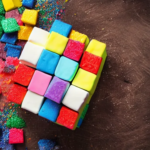 Image similar to photograph of a rainbow marshmallow cube with sprinkles on a dark wooden chopping board, hessian cloth, styled food photography, photorealistic, 4 k