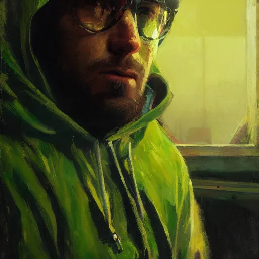 Image similar to portrait of a chad programmer with green hood by jeremy mann, dramatic lighting, close up