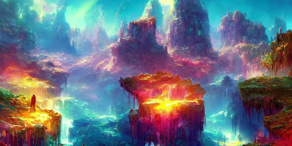 Image similar to ”mysterious crystal cavern fantasy landscape, [crepuscular rays, pools of water, rope bridges, colorful, art by wlop and paul lehr]”