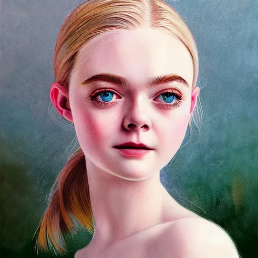 Prompt: professional painting of Elle Fanning in the style of Ilya Kuvshinov, head and shoulders portrait, symmetrical facial features, smooth, sharp focus, illustration, intricate, stormy weather, extremely detailed masterpiece,