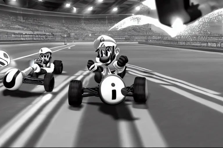 Image similar to gigachad in mario kart, ingame screenshot, black and white, high detailed