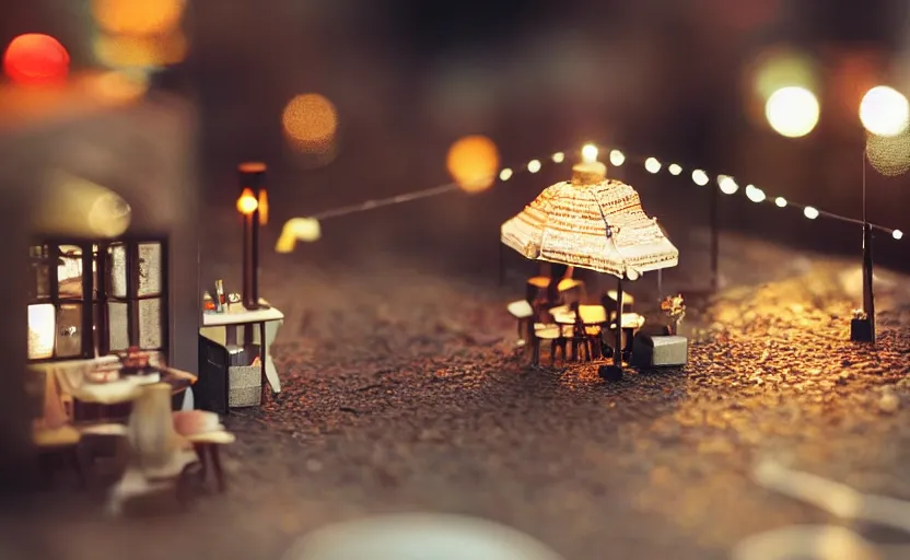 Image similar to mini cafe diorama macro photography, [ [ bokeh lights ] ], ambient, atmospheric photograph