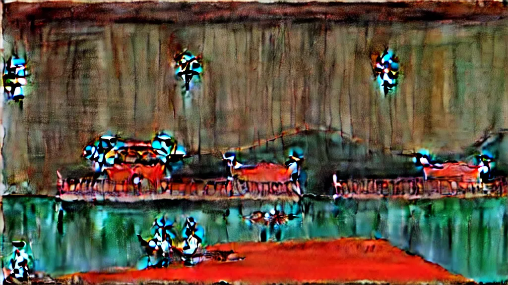 Image similar to a chinese prison near a river by peter doig, muted colors