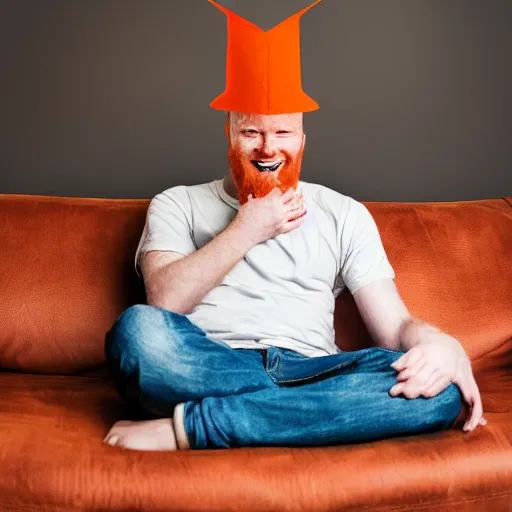 Prompt: professional photography of a drunk ginger haired man slouched on the couch smiling wearing a cone on his head