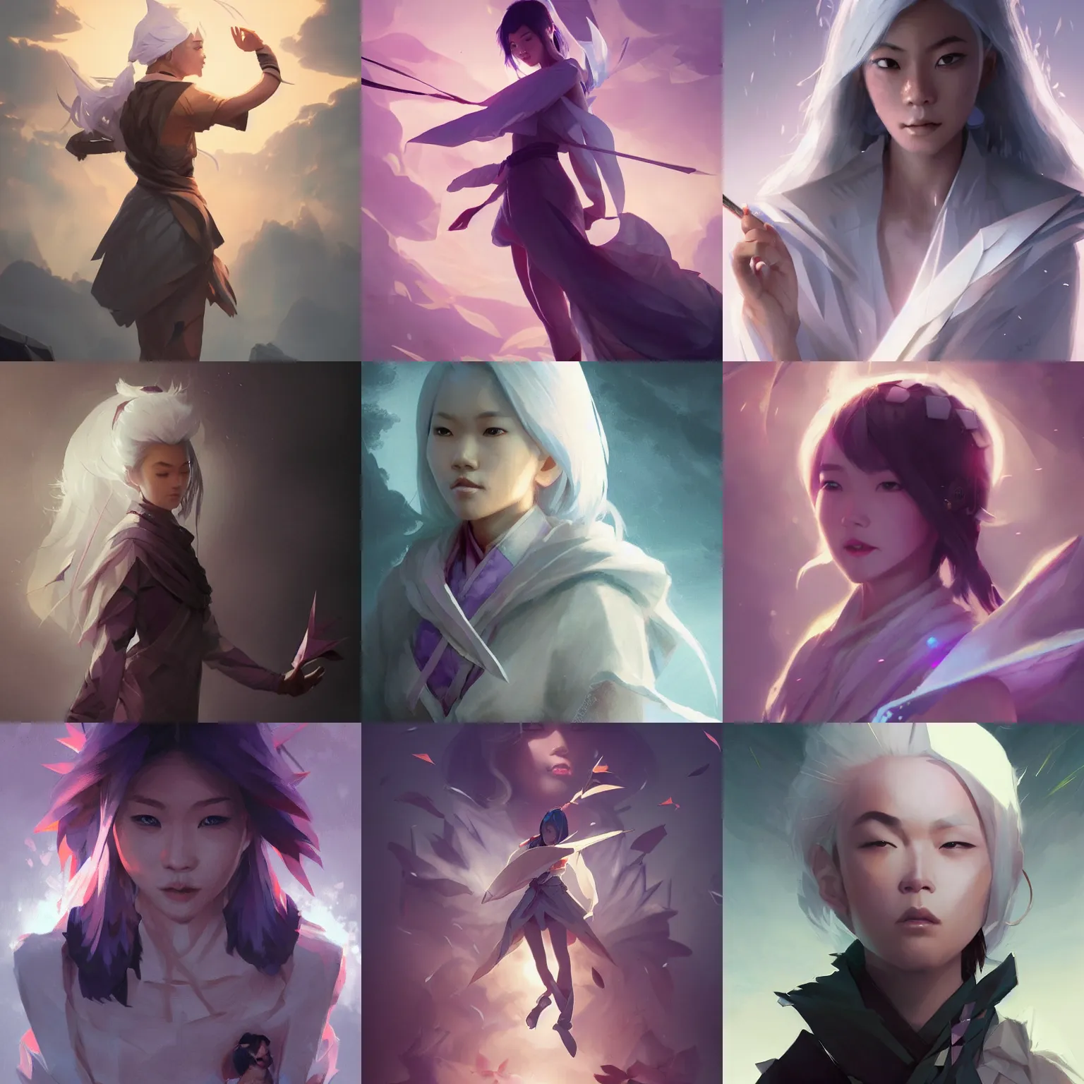 Prompt: asian adventurer girl surrounded by magic origami, white hair, violet eyes, highly detailed, artstation, epic, illustration, art by Greg Rutkowski