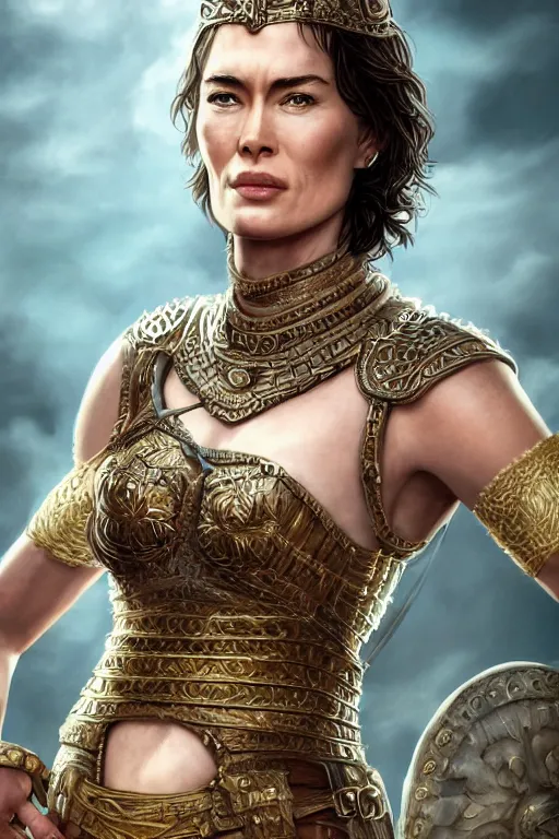 Image similar to lena headey as a beautiful gladiator, detailed full body portrait, amazing detail, intricate, elegant, photorealistic, 4K, character design, fantasy, trending on artstation