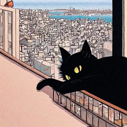 Image similar to a black cat girl looking out over a city, Miyazaki, studio ghibli