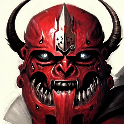 Prompt: Facial portrait. Warhammer 40K, Khorne. looking at the camera, slight evil smile. fear inspiring mood, intimidating, extremely detailed painting. by Greg Rutkowski and by Henry Justice Ford and by Steve Henderson.