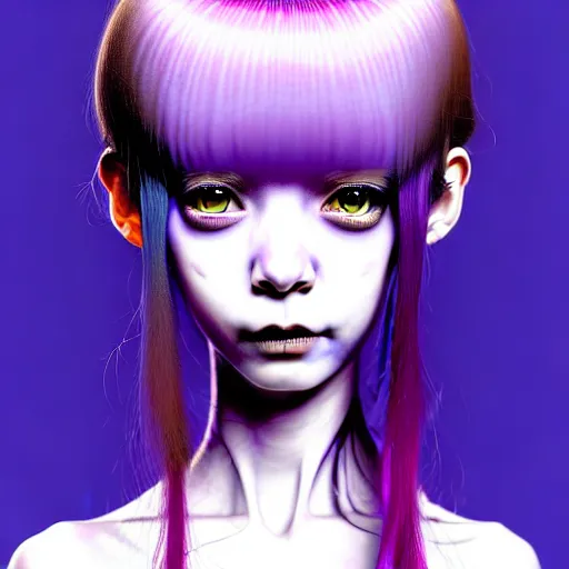 Image similar to amazingly detailed art illustration of a beautiful young morbid woman, wearing a tie-dye shirt, short shorts, with short hair with bangs, she is hallucinating seeing violet frogs, by Range Murata, Katsuhiro Otomo, Yoshitaka Amano, and Artgerm. 3D shadowing effect, 8K resolution.