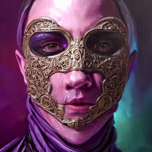 Prompt: Very very very very highly detailed epic central composition portrait of face with venetian mask, purple, intricate, dystopian, sci-fi, extremely detailed, digital painting, artstation, concept art, smooth, sharp focus, illustration, intimidating lighting, incredible art by Tokujin Yoshioka and Anton Pieck