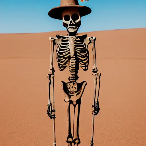 Image similar to skeleton standing in the desert, wearing a hat with a flower on it.