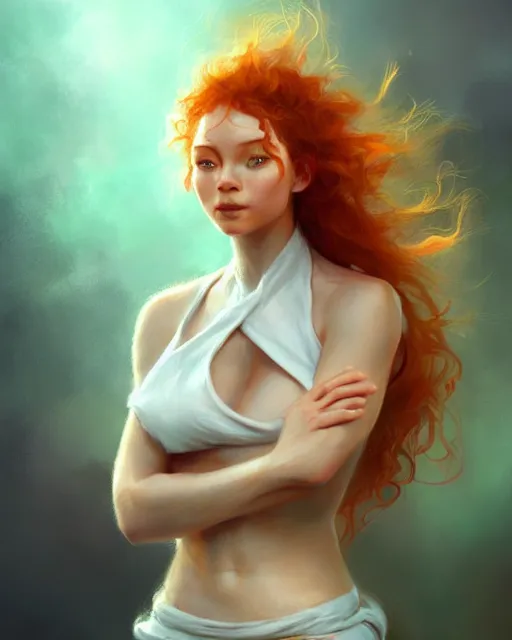 Prompt: cute happy female chef, perfect face, white halter top, ginger hair, abs, cinematic, stunning, elegant, highly detailed, psychedelic, digital painting, artstation, smooth, hard focus, illustration, art by jessica rossier and and brian froud