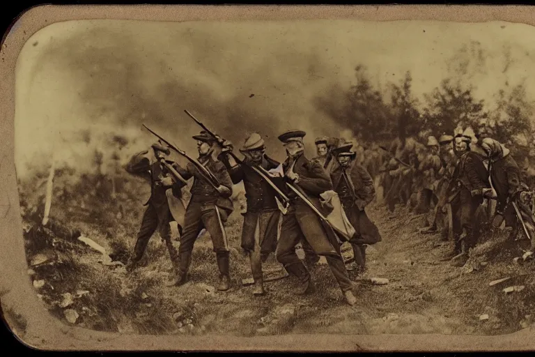 Image similar to american civil war trench battle, shots fired, explosions all around, wide shot, cinematic, tintype photograph