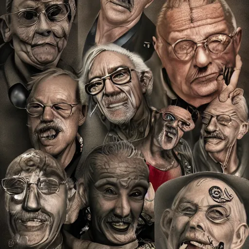 Image similar to old seniors retired people with tattoos piercings skateboarding half piped, 3 d high definition, trending on artstation, photorealistic, high resolution, 8 k, octane, hyper detailed, trending on deviantart insane details, intricate, elite, ornate, elegant trend, highly detailed and intricate, sharp focus, photography, unreal engine