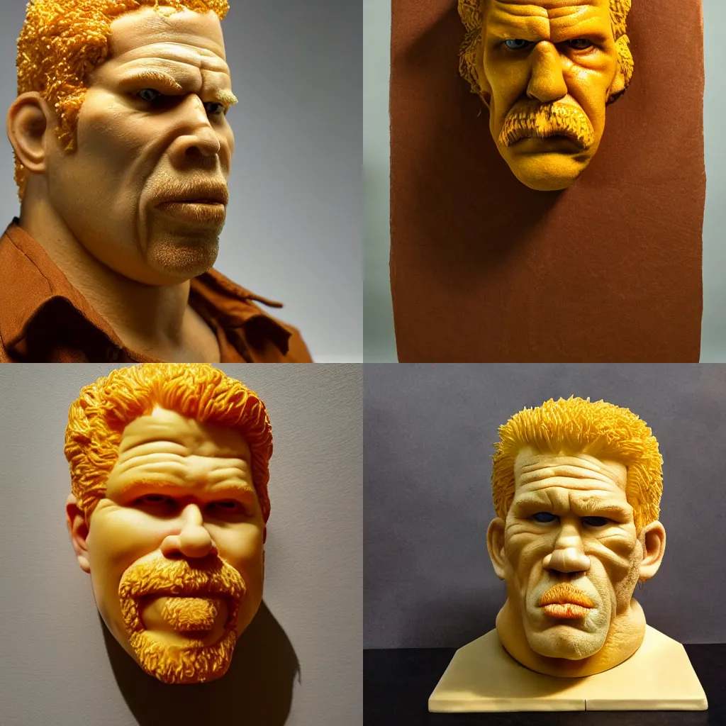 Prompt: sculpture of ron perlman made of cheese, photo, medium shot, high quality, 4 k,