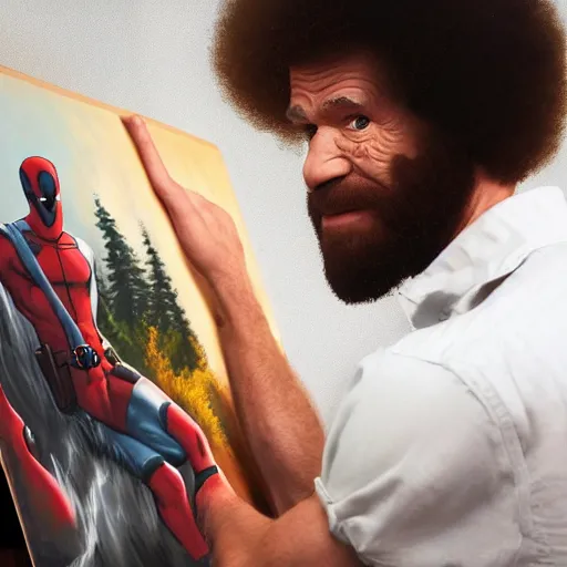 Image similar to a closeup photorealistic photograph of bob ross working on a canvas painting of deadpool. film still. brightly lit scene. mountains and trees. this 4 k hd image is trending on artstation, featured on behance, well - rendered, extra crisp, features intricate detail, epic composition and the style of unreal engine.