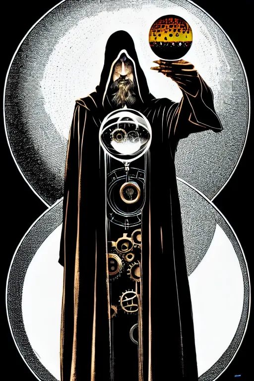 Image similar to cloaked steampunk wizard looking into a crystal ball, high details, intricately detailed, by vincent di fate, inking, 3 color screen print, masterpiece, trending on artstation,, sharp, details, hyper - detailed, hd, 4 k, 8 k