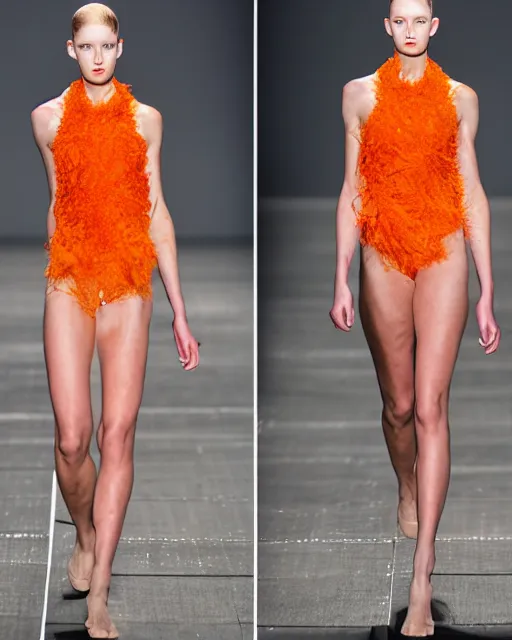 Image similar to multi panel storyboard of olivia wearing an outfit made of orange peels, runway model at new york fashion week, sporty physique, black hair, freckles, pale skin, half body portrait, photo by greg rutkowski, stage lighting, soft colors, female beauty, intricate detail, elegance, 3 5 mm, depth of field, masterpiece