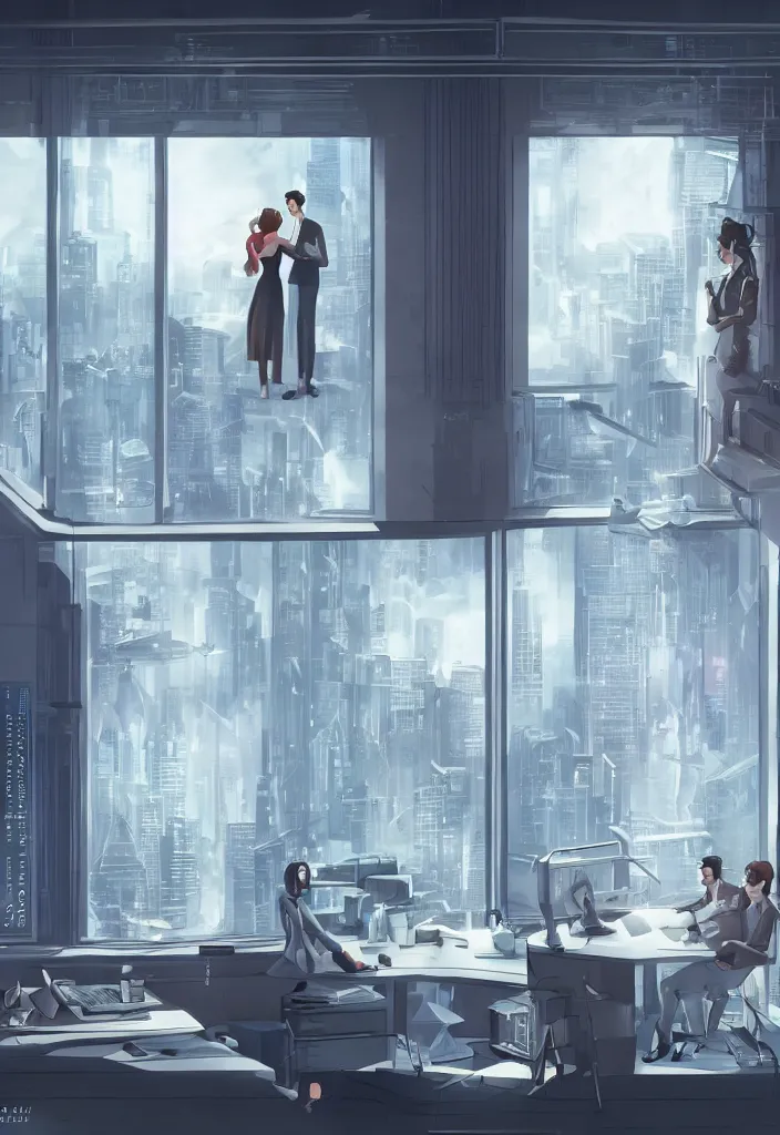 Image similar to wife hugging her sitted husband that at his futuritic desk looking at the window with a futuristic city, rossdraws, global illumination, radiant light, detailed and intricate environment