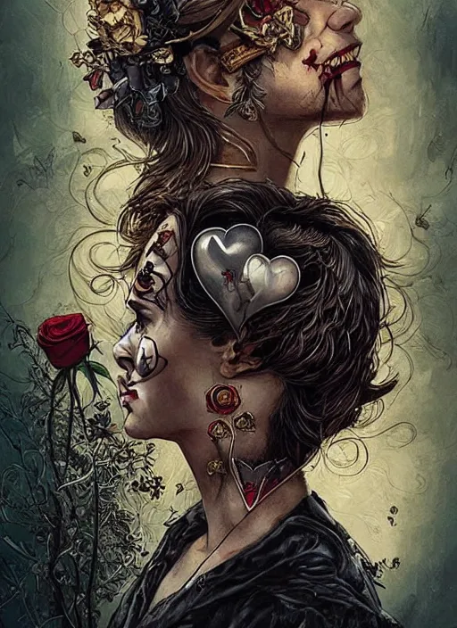 Image similar to tarot card :: horror :: vampires and draculas :: hearts and roses :: gold and silver :: guns and swords :: side profile :: highly details :: intricate details :: Sandra Chevrier and bastien lecouffe deharme