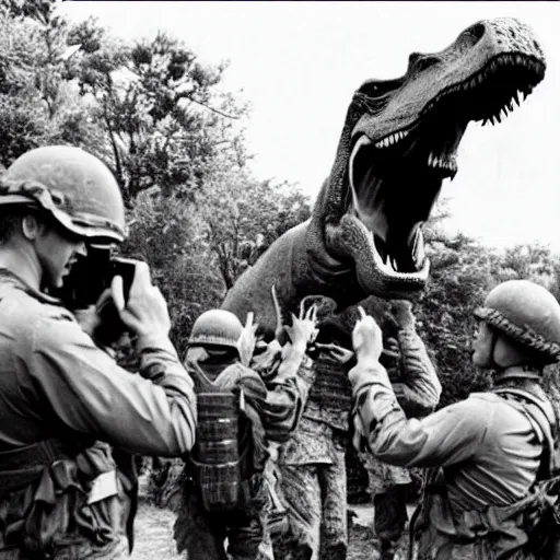 Image similar to soldiers taking a picture with a tyrannosaurus rex in the vietnam war, black and white, eddie adams, david burnett, robert capa, al chang, niel davis, marc riboud