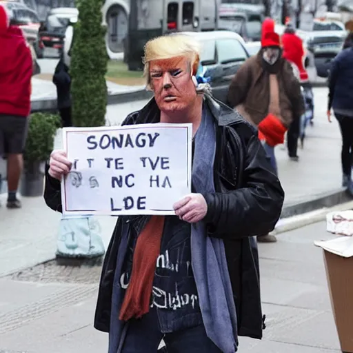 Image similar to donald trump dressed as a homeless man asking for money on the streets