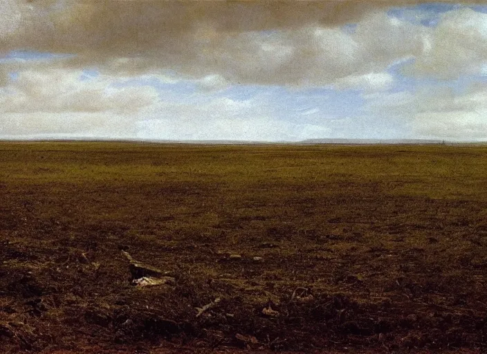 Prompt: a vast muddy field with many corpses buried underneath it, albert bierstadt, landscape, dark and scary