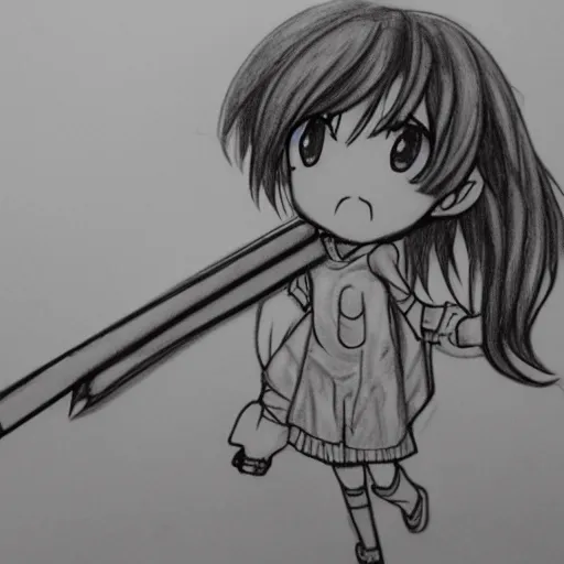 Image similar to anime girl fighting a monster pencil sketch,