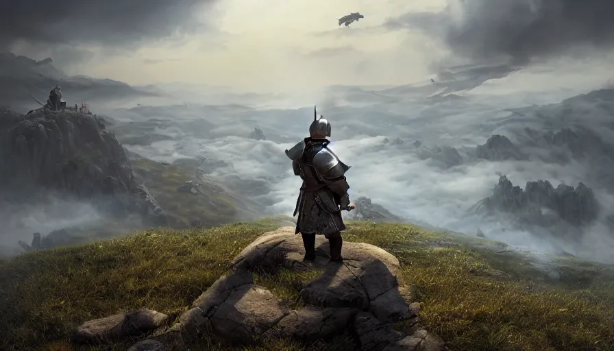 Image similar to medieval soldier atop a ridge looking over a vast medieval kingdom rule by an evil king. the soldier is ready for battle. his trusted dragon circles overhead. it is a somber morning. death is close. prepare for battle. mist, epic, cinematic, volumetric lighting, symmetry, fantasy style, highly - detailed, unreal 5, realism,