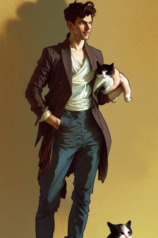 Prompt: full body portrait of a single beautiful young fit man, modern haircut, open shirt, large pants, holding a small cat walking on his shoulder. by greg rutkowski and alphonse mucha, d & d character, in front of a modern room background, highly detailed portrait, digital painting, artstation, concept art, smooth, sharp focus illustration, hq