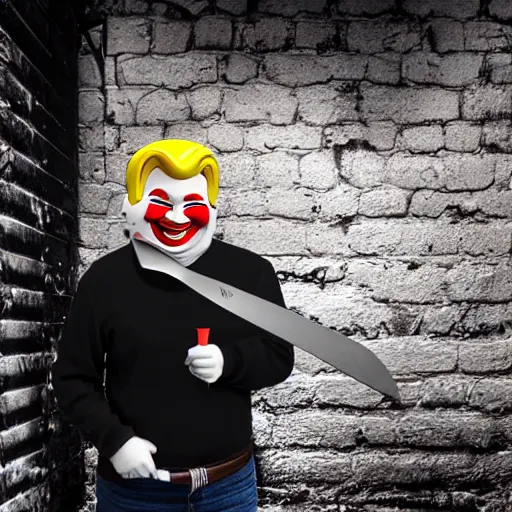 Prompt: Ronald mc donald holding a knife smiling in a back alley way, photo, realistic