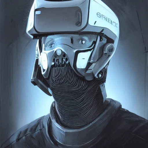 Image similar to Portrait of a man by Greg Rutkowski, symmetrical face, a marine with a helmet, using a VR Headset, Kubric Stare, crooked smile, he's wearing a modern tacitcal gear, highly detailed portrait, scifi, digital painting, artstation, book cover, cyberpunk, concept art, smooth, sharp foccus ilustration, Artstation HQ