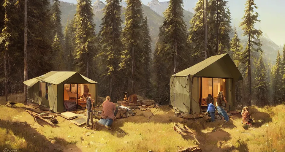 Image similar to cabela's beautiful comfortable community of modular insulated wall container home kit - house all weather family dwelling tent house, person in foreground, mountainous forested wilderness open fields, beautiful views, painterly concept art, environmental concept art, concept art illustration, by james gurney, by craig mullins, by greg rutkowski trending on artstation