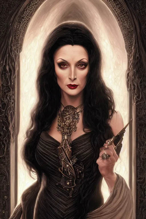 Image similar to ultra realistic illustration, deanna troi as morticia addams from baldurs gate and diablo, intricate, elegant, highly detailed, digital painting, artstation, concept art, smooth, sharp focus, illustration, art by artgerm and greg rutkowski and alphonse mucha