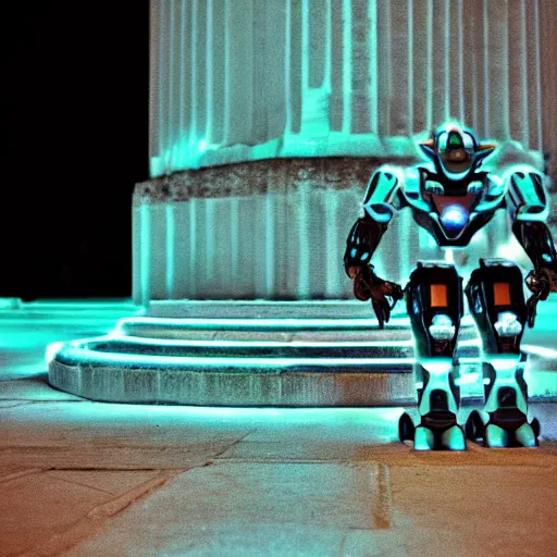 Prompt: a mecha robot inside a Greek temple :: 4-bit::1 comicbook::1 bioluminescence::1 DSLR::1 turquoise::1 defocus::-0.5 --ar 2:1 --quality 2