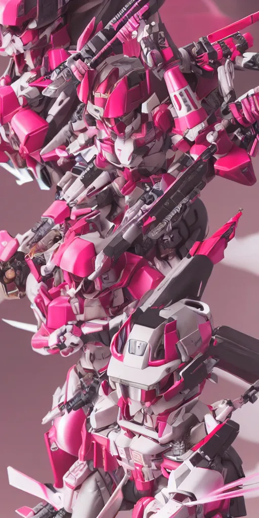 Image similar to isometric of female gundams in pink and red collection ， 3 d octane render ， provenance ， detailed,