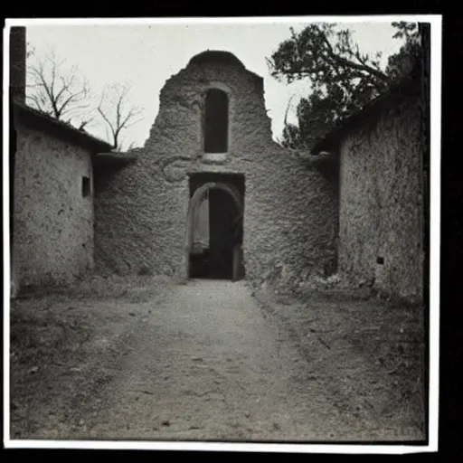 Image similar to a creepy vintage photo of a ruined california mission