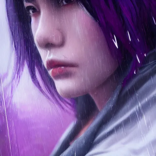 Image similar to very detailed masterpiece painting of a very beautiful wet asian young cyberpunk woman with dark purple hair, cyberpunk background, raining, closeup, portrait, artstation, concept art by greg rutkowski