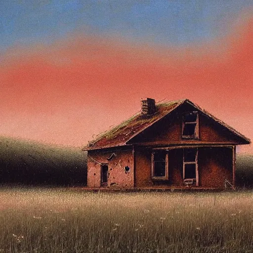 Image similar to an abandoned old rusty American house on a field oil painting in style of Zdislaw Beksinski
