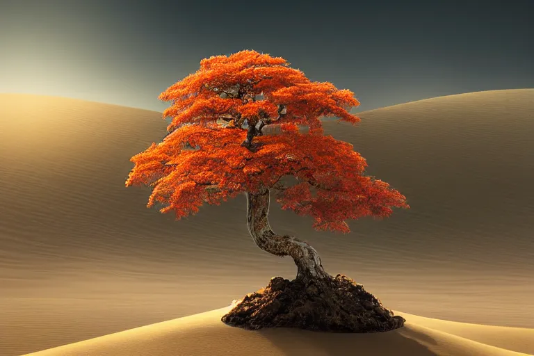 Image similar to an autumn maple bonsai grows on a desolate sand dune in front of a primordial mountainous landscape by hr giger and jessica rossier