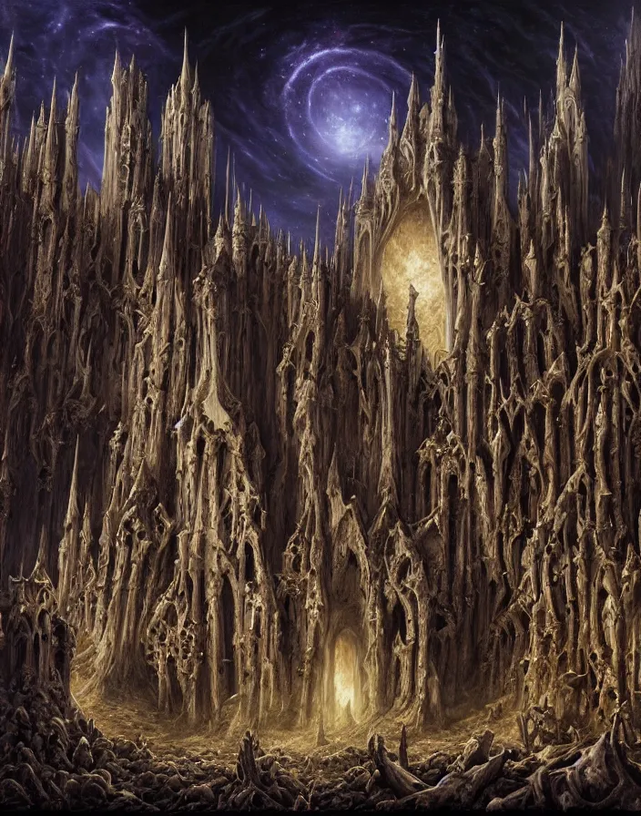 Image similar to a dark gothic castle made of skulls and bones and skeletons, tall spires, epic nebula, Dan Seagrave art